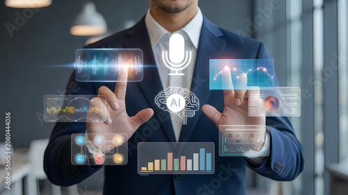 Professional man using voice recognition artificial intelligence assistant through holographic sound waves and neural network brain data visualization.