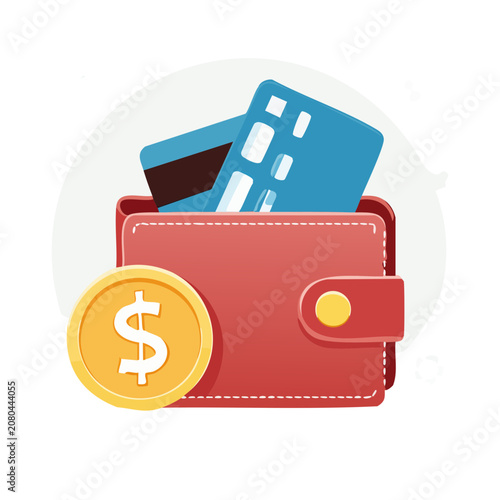 Red wallet with credit cards and dollar coin illustration
