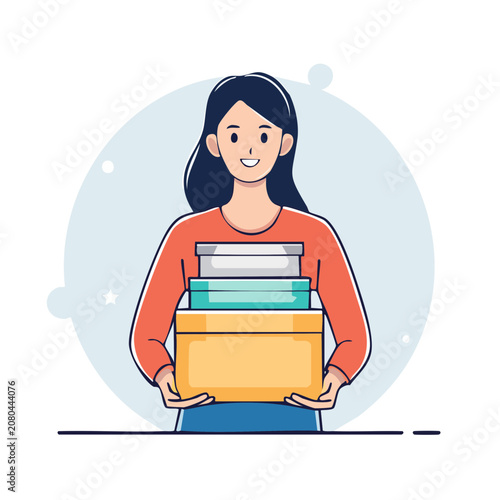 Woman holding stacked cardboard boxes flat vector illustration