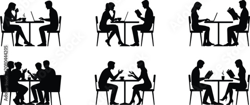 Silhouettes of People Interacting in Various Social and Work Scenarios at Tables with setting