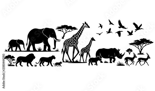 Photography African Savanna Safari Wildlife Silhouette Vector Element Set Featuring Elephant