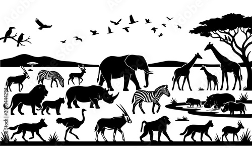 Canvas Print African Safari Wildlife Landscape Silhouette Vector Illustration Featuring Eleph