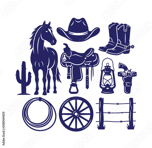 Set of wild west cowboy themed icons and equipment illustration with frontier american equipment tradition graphics collection elements illustration equestrian adventure