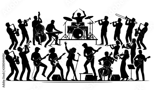 Canvas Print Live Music Band and Jazz Orchestra Musicians Solid Silhouette Vector Icon Set Fe