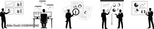 Business Meeting and Data Analysis Silhouettes with Charts and Graphs vector presentation