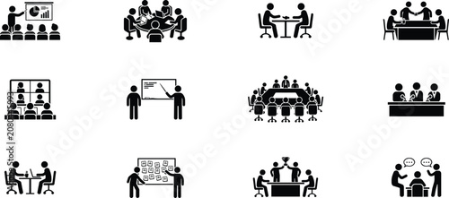 Business Meeting and Collaboration Icons in Silhouette teamwork discussion