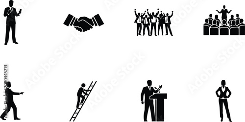 Business Icons and Silhouettes Representing Success and Communication on White Background vector people