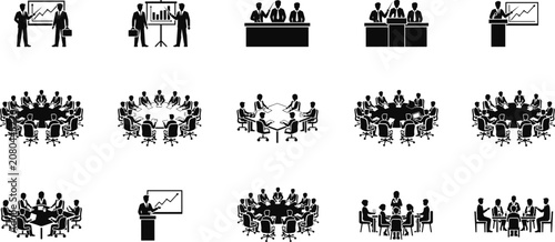 Assortment of Business Meeting and Presentation Icons in Black and White conference teamwork