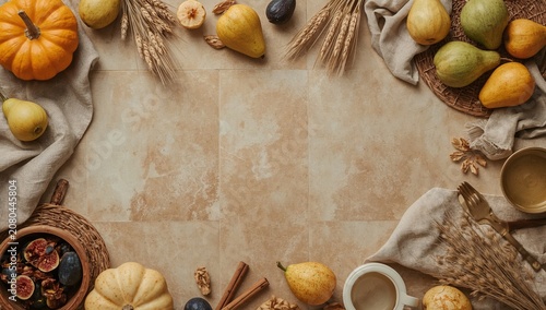 Seasonal Harvest Display With Fruits, Grains, and Decorations on a Table