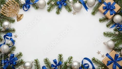 Decorative Arrangement of Blue Ribbons, Ornaments, and Gifts for Seasonal Cel...