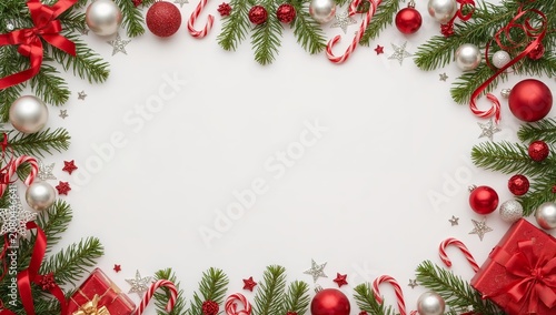 Festive Arrangement of Christmas Decorations on a White Background With Red a...
