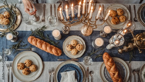 Dinner Table Set With Bread and Cookies for a Gathering in an Indoor Space