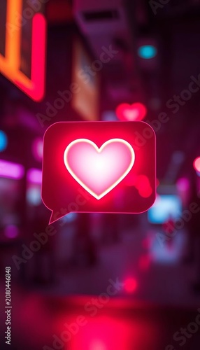 Glowing heart icon in a stylized chat interface, cyberpunk hues and bokeh blur evoke digital love, heart,  romance