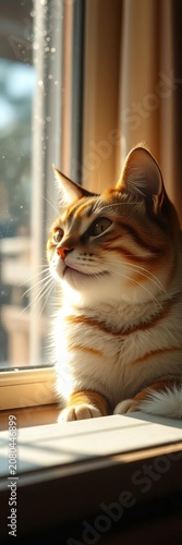 Shimmering glass blurs the outside world, a cat basks in diffused warmth ,  rainy day vibes,  serenity