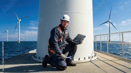 Engineer performing maintenance inspection at large offshore wind turbine farm providing clean green energy