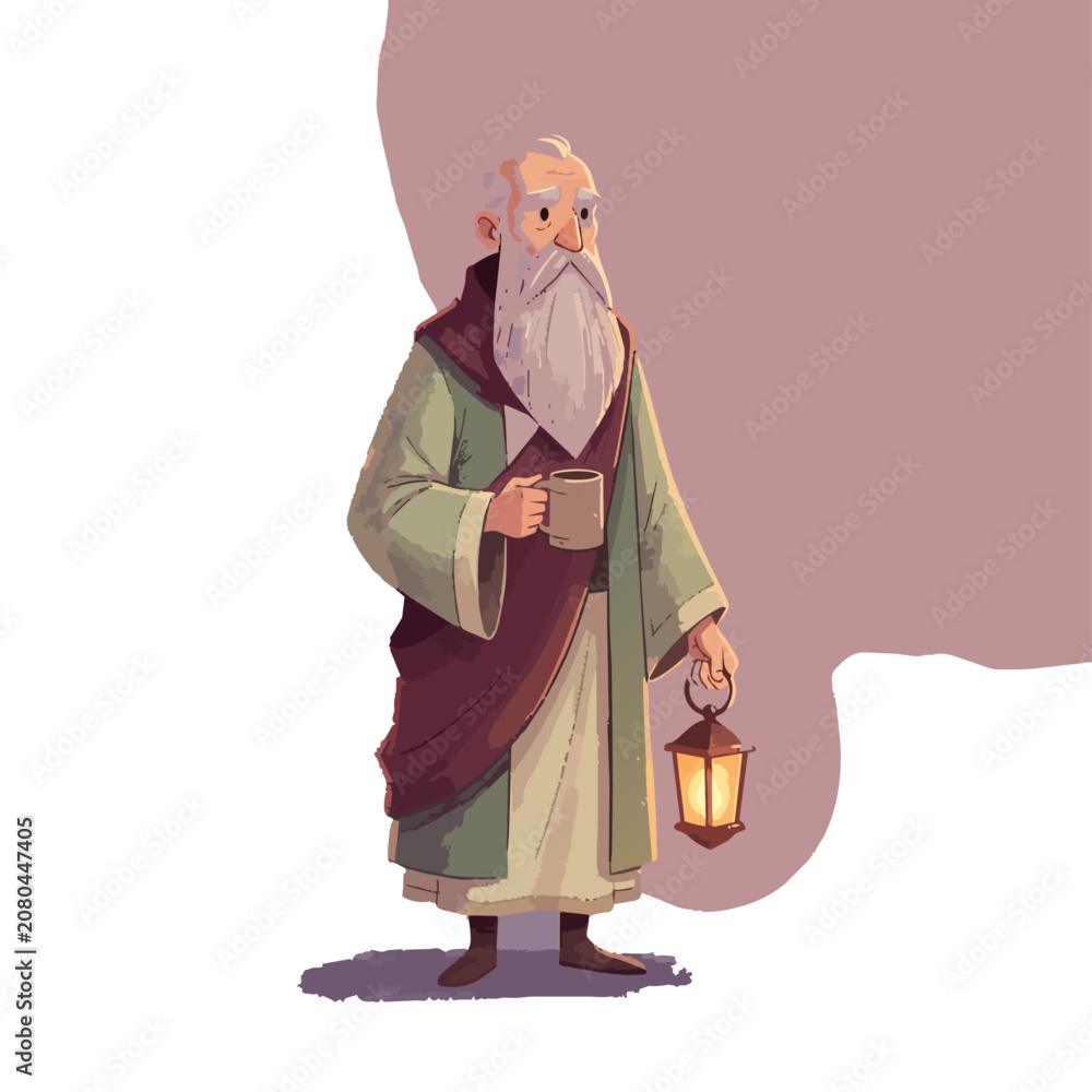 Obraz premium Wise Elderly Man Holding Lantern and Mug in Medieval Robes – Digital Illustration
