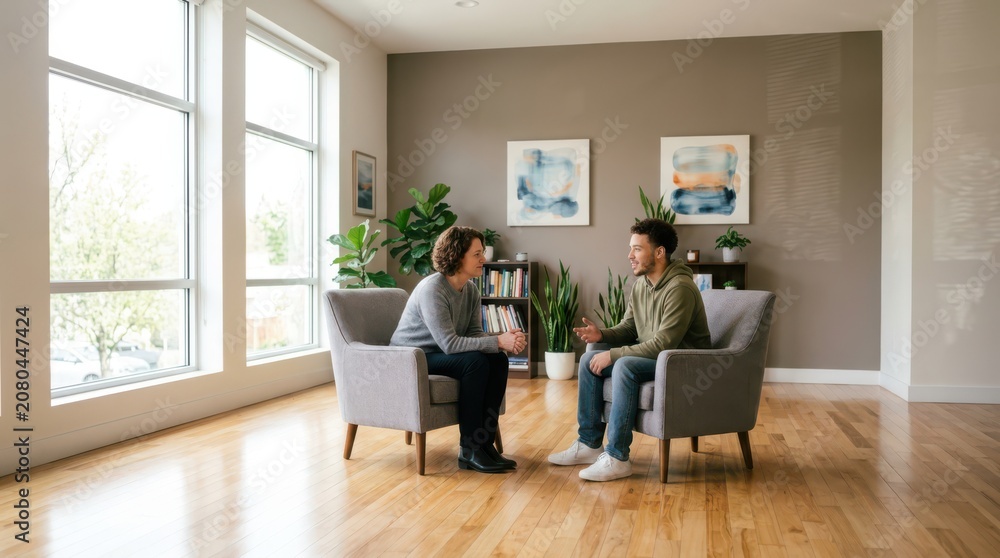 Fototapeta premium Professional female therapist consulting young male client in a modern sunlit office for mental health support and discussion