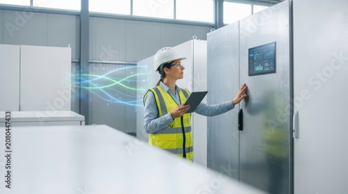 Professional female engineer in hardhat inspecting industrial control panel using digital tablet and data visuals