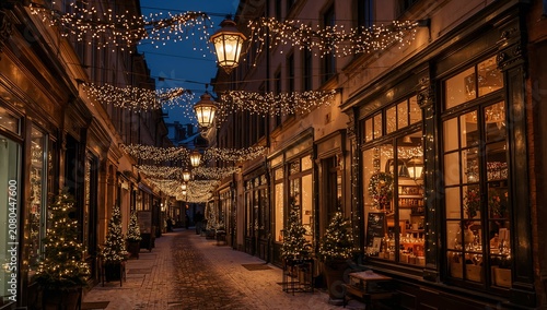 Historic Street Decorated With Lights for the Holiday Season in a European Ci...