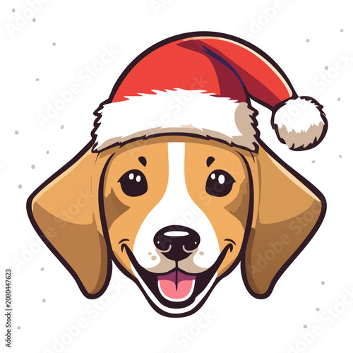 Cartoon Beagle Dog Face with Santa Hat