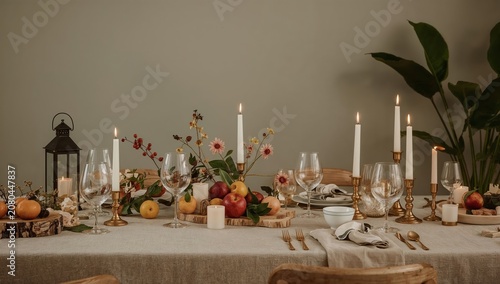 Festive Table Setting With Candles and Fruits in Cozy Indoor Space During Eve...