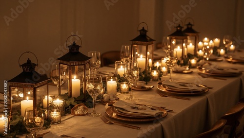 Elegant Table Setting With Lanterns and Candles for a Gathering in a Dimly Li...