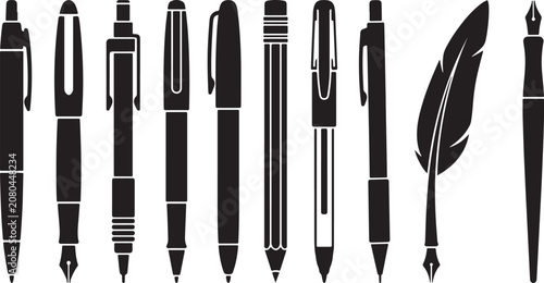 Tableau sur toile Writing Instruments Icons Set Minimalist Black Vector Silhouettes of Pens and Pe