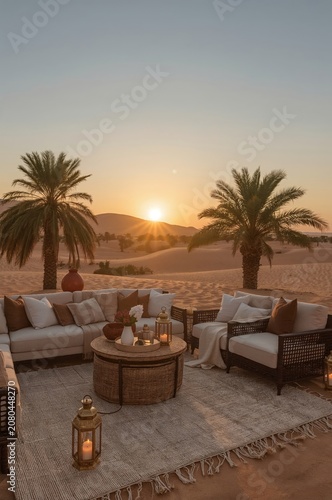 Sunset View With Lounge Area and Palm Trees in Desert Landscape