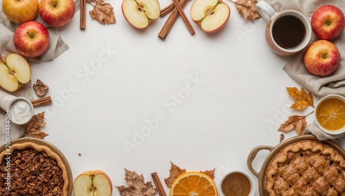 Autumn Scene With Apples, Pies, and Drinks on a Table With Fallen Leaves and ...