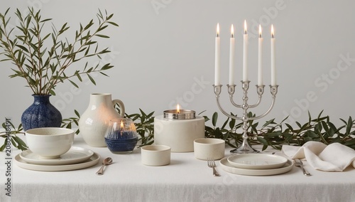 Set Table With Candles and Decorations for Dinner Event in a Simple Setting