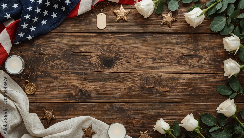 Fototapeta premium Decoration With White Roses, Flags, and Candles for Celebration on Wooden Table