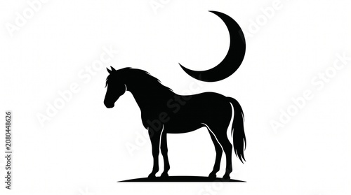 Black horse silhouette standing under a crescent moon, minimalist vector icon on white background