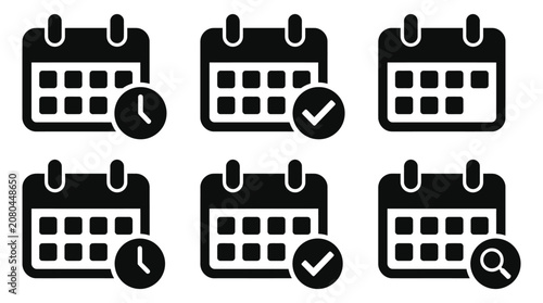 Set of black calendar icons featuring time clock checkmark and magnifying glass symbols for professional business planning and scheduling tasks