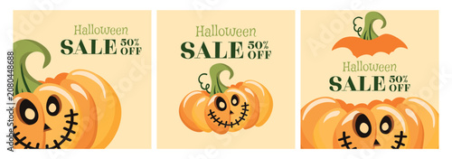 Vector set of Halloween sale banners for promotional campaigns. Autumn themed advertising backgrounds with traditional pumpkin elements, perfect for  social media, web design, and holiday promotions.