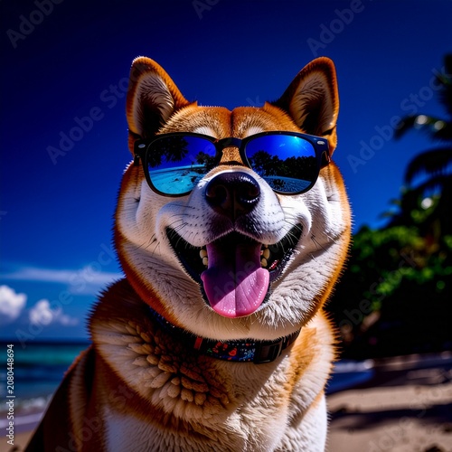 akita dog wearing sunglasses on the beach