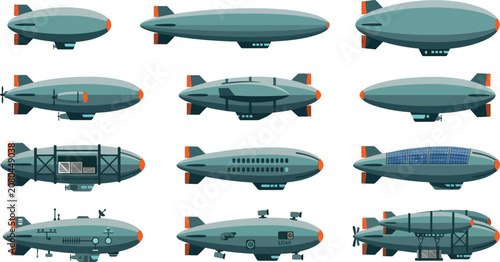 Set of modern airship and blimp vector icons for aviation technology and transport design projects