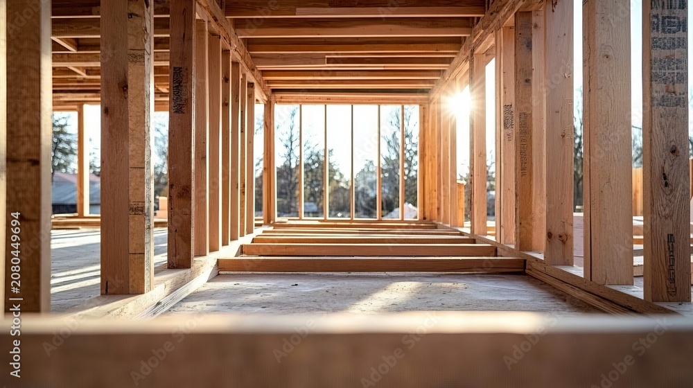 Obraz premium Interior View of a Wooden House Frame Under Construction with Sunlight and Concrete Flooring
