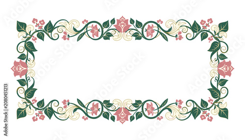 Beautiful rectangular decorative frame embellished with elegant pink rose flowers and green leaves in baroque style.