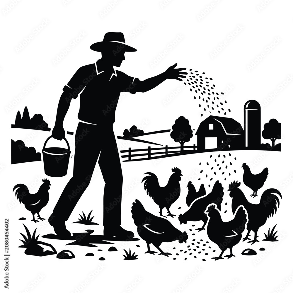 Obraz premium Farmer feeding chickens with grain in front of barn at farm