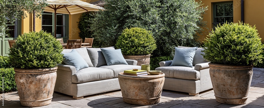 Fototapeta premium Rustic clay pots filled with vibrant green shrubs enhance a sun-drenched patio with inviting outdoor seating.
