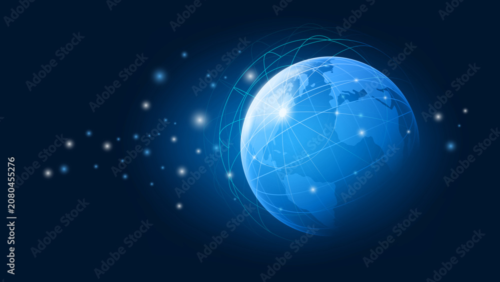 Fototapeta premium Abstract Global Network Technology Background with Glowing Digital Earth Globe, Blue Particle Light, Worldwide Communication Banner Vector Illustration