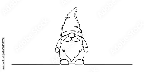 Photos A single continuous line drawing of a cute garden gnome with a pointy hat and lo