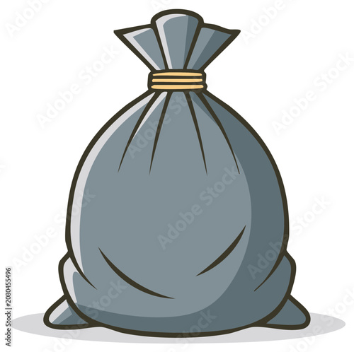 Cartoon gray trash bag tied with yellow string for waste disposal