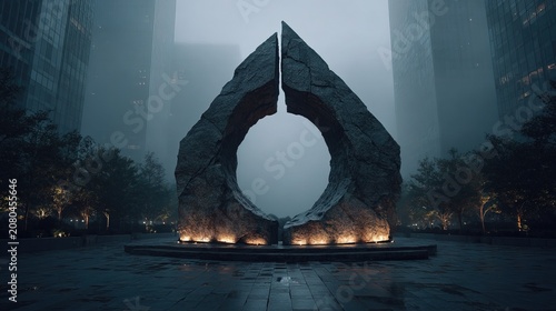 Majestic Dark Stone Archway in Mystical Forest Setting.
