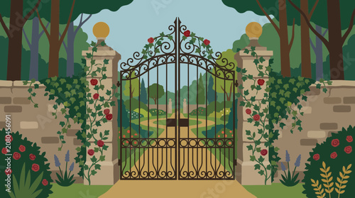 Secret Garden Gate Flat Vector Illustration