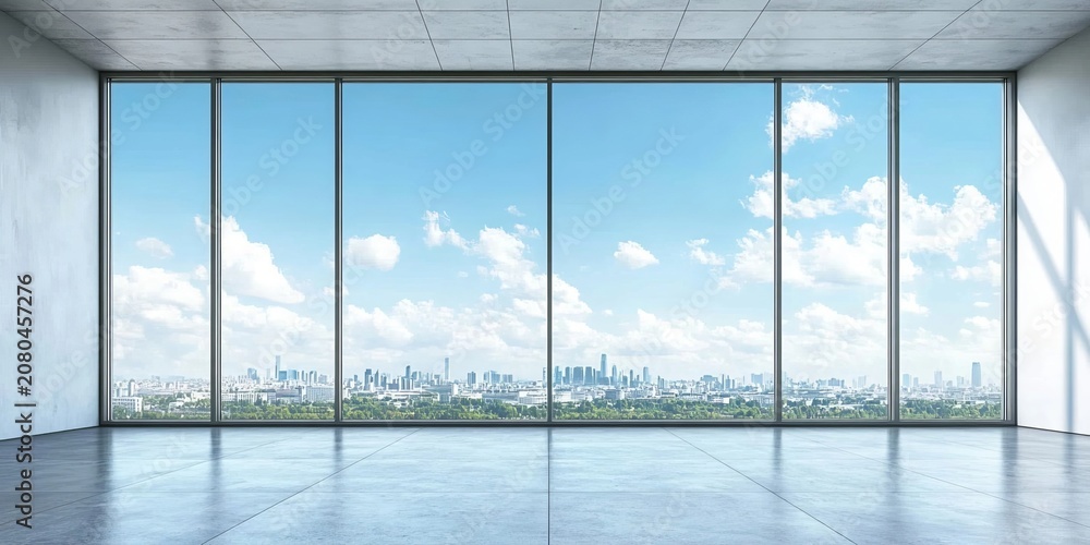 Fototapeta premium Modern Empty Interior Office Space Featuring a Large Panoramic Window With Dynamic City Skyline View