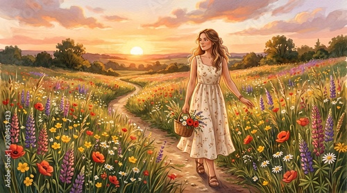 Beautiful young woman in white dress walking through a blooming wildflower field at sunset carrying a flower basket