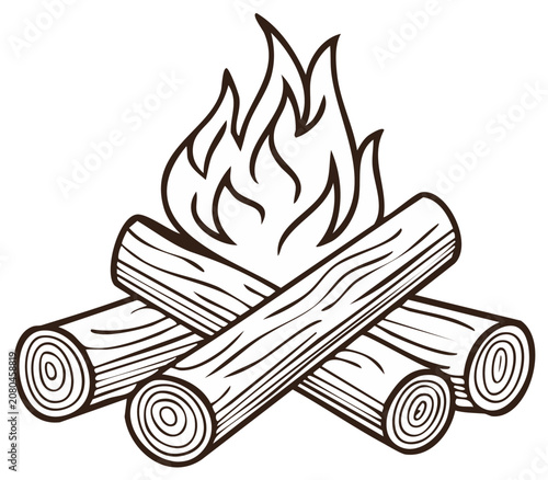 Illustration of Burning Campfire with Logs for Camping Adventure in Outline Style