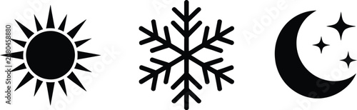 Black, sun snowflake and moon icon set representing weather conditions and time of day, clean vector illustration.