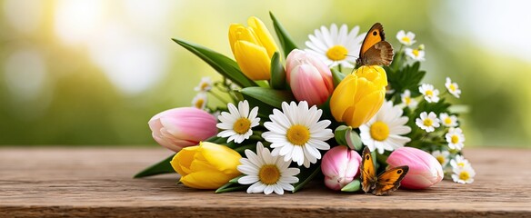 A vibrant Mother's Day arrangement with tulips and daisies on a rustic table, highlighted by butterflies and sunlight.
